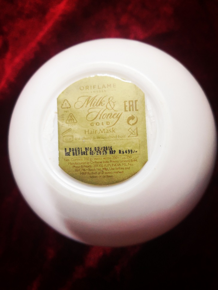 Label of Oriflame milk and honey gold hair mask
